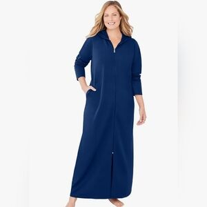 Dreams & Co Long Hooded Fleece Sweatshirt Robe Navy Size 18/20